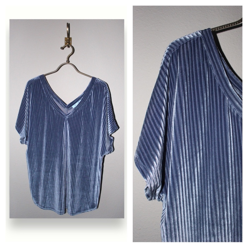 She + Sky Ribbed Velour Powder Blue V-Neckline Blouse